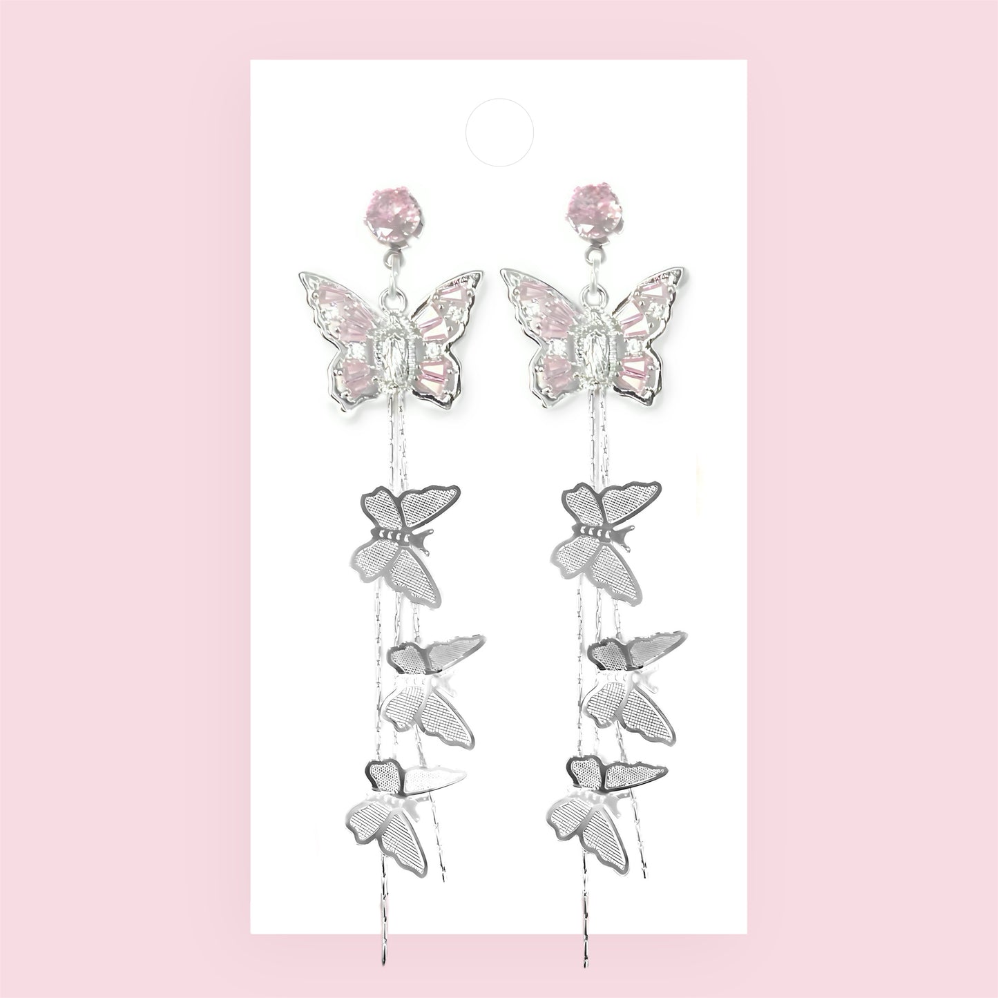 Silver Pink Butterfly Earrings