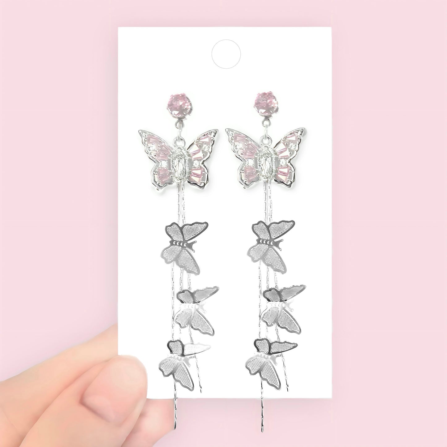 Silver Pink Butterfly Earrings
