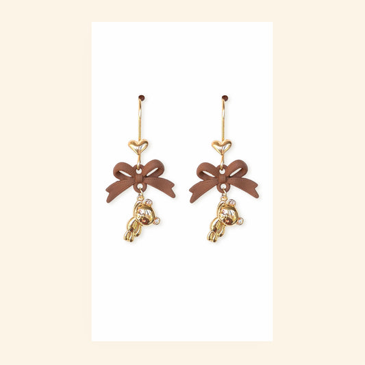 Brown Bow Bear Earrings